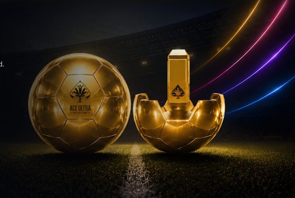 ACE ULTRA PREMIUM gold trophy device presented in a stadium setting